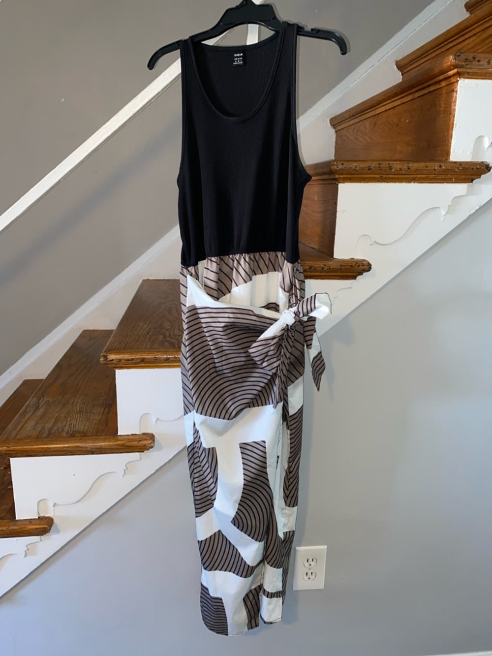 SHEIN Black Tank Bodice Cream & Brown Geometric High-Low Dress Size Medium
